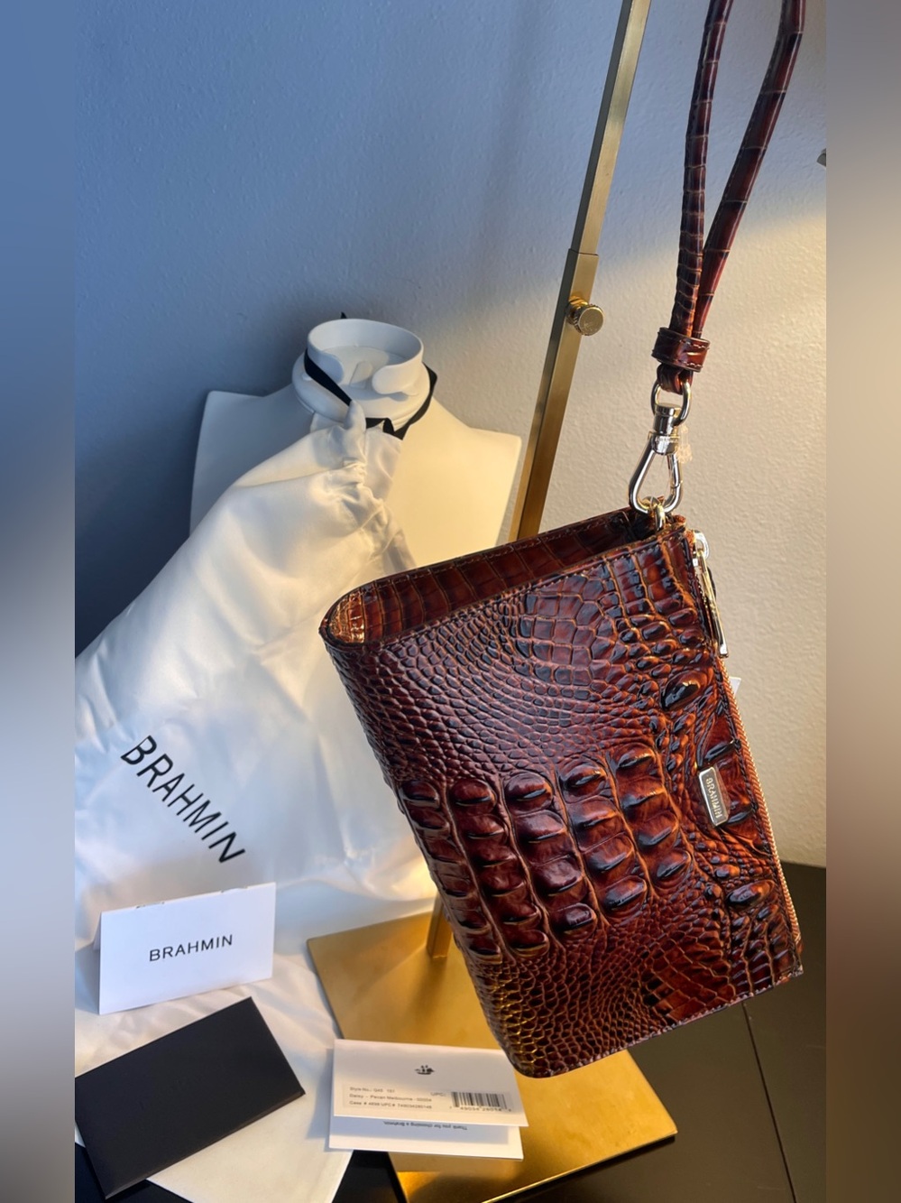 Brahmin Croc-Embossed Leather Wristlet “Pecan Melbourne/Mahogany Brown +Dust Bag